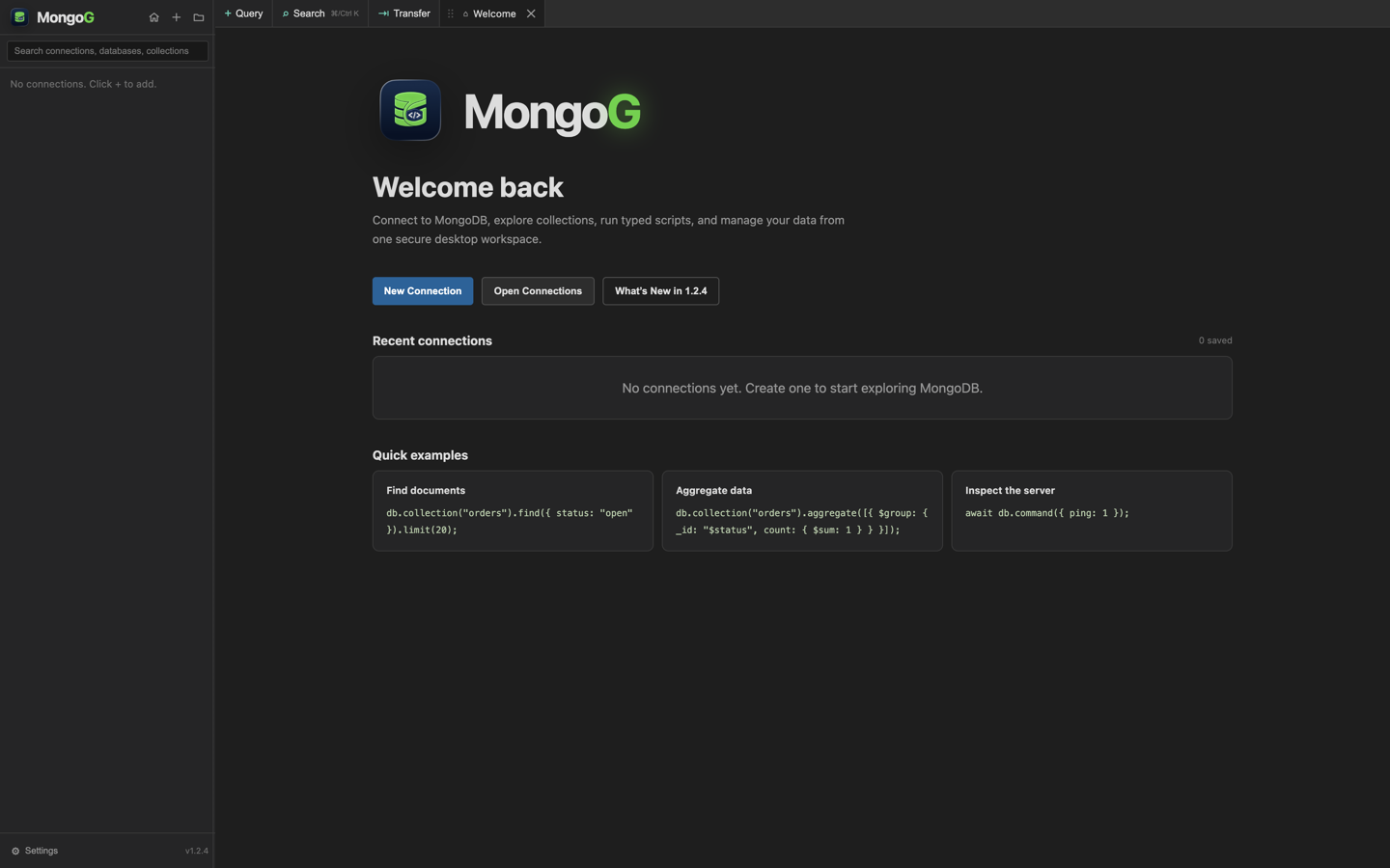 MongoG welcome screen showing connection tools and MongoDB query examples